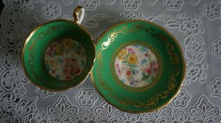 VINTAGE Aynsley Bone China Green Gold Floral Cup And Saucer Set C887,  England 4