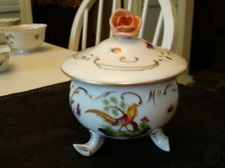 Herend Rothschild Bird Pattern Covered Trinket Dish With Rose On Lid And 3 Feet