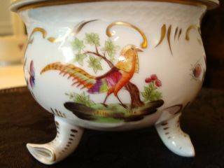 Herend Rothschild Bird Pattern Covered Trinket Dish With Rose On Lid And 3 Feet 2