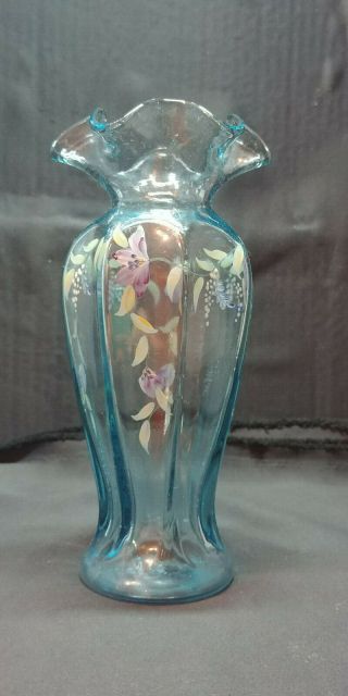 Vintage Fenton Hand Painted Flower Light Blue Glass Ruffled Vase 8 Inch Signed
