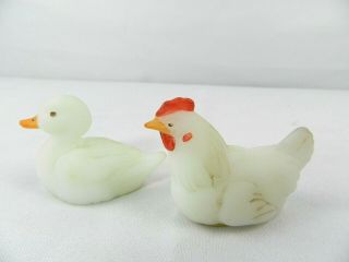 Fenton Opal Satin Hand Painted Miniature Hen And Duck Set