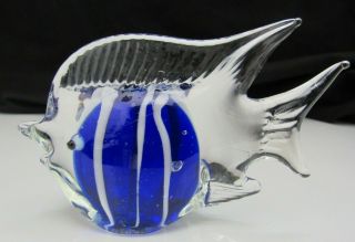 Blue White Stripe Tropical Angel Fish,  Large Bubble Art Glass Blown Paperweight