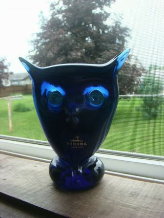 Vintage Viking Cobalt Perfect Blue Handmade Art Glass Owl Paperweight Figurine