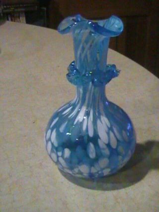 Pilgrim Glass Sky Blue & White Hand Blown Spatter Vase With Ruffle 4 1/2 "