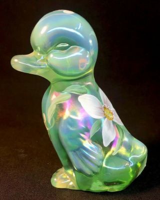 Fenton Art Glass Hand Painted Flowers On Willow Green Opalescent Carnival Duck