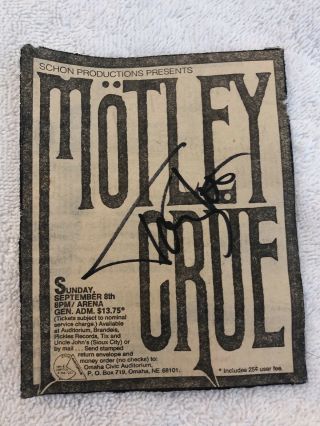 Motley Crue Tommy Lee Signed Concert Newspaper Ad Theater Of Pain Omaha Nebraska