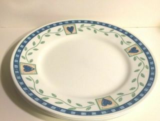 4 Corelle Hearts & Vines Dinner Plates 10 3/4 " Blue Checks Hearts Green Larger