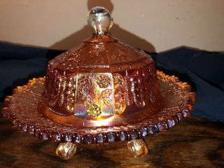Vintage Marigold Carnival Glass 3 Footed Candy Dish Bowl Berries & Butterflies