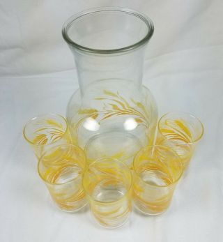 Vintage Libby Juice Carafe Golden Wheat Wide Mouth Pitcher W/ 5 Matching Glasses