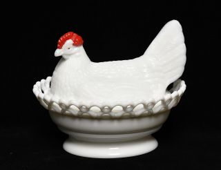 Westmoreland Large Milk Glass With Red Hen On Nest Art Glass