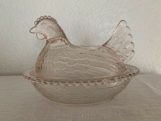 Vintage Indiana Pastel Pink Chicken Hen On Nest Covered Dish Glass