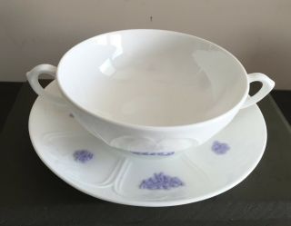 Adderley Fine Bone China - Blue Chelsea - Purple Flower - Cream Soup And Stands