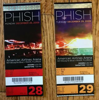 2 Phish Ticket Stub Ptbm 12/28 - 29/2009 Nye American Airlines Miami,  Fl Pollack