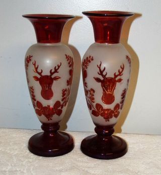 2 Bohemian Czech Glass Vases Ruby Flash Ponitil Mark Stag / Buck Design 9 1/4 "