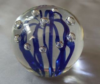 Gorgeous Art Glass Paperweight Controlled Bubbles Cobalt Blue Flower N