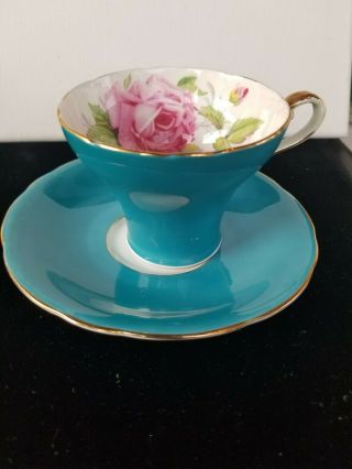Aynsley Bone China England Blue Pink Rose Inside C957 Set Cup & Saucer