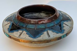 Teco Pottery Low Bowl Adventurine Mettalic Glazed Signed Rush Teco 81 8 In