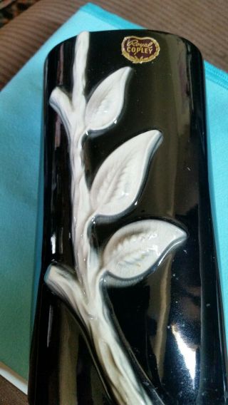 2 Royal Copley Black Vase With White Vine And Leaves