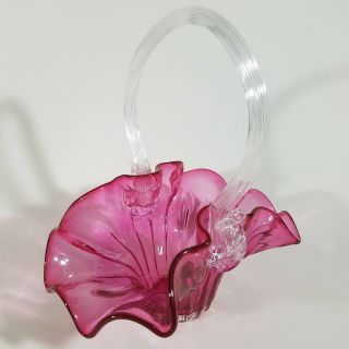 Fenton Art Glass Cranberry Pink Ruffled Edge Basket With Clear Glass Handle 11 "