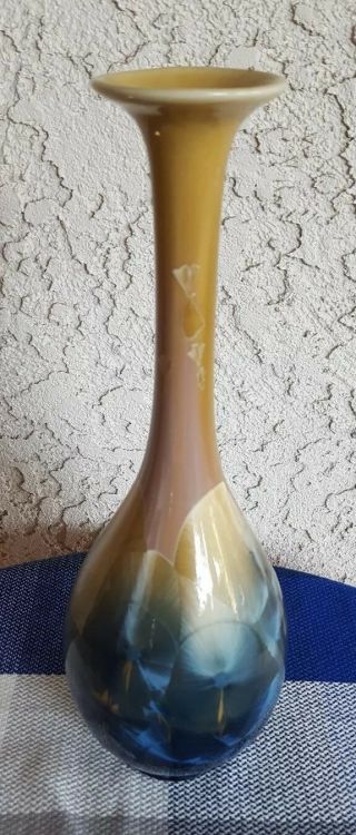 Vtg Crystaline Crystalline Hand Made Pottery Vase 11.  25in Tall Unsigned Blues