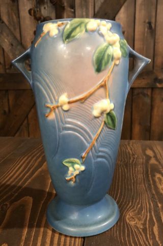 Rare Vintage Roseville Pottery Blue Snowberry Vase Ivi - 10