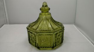 Vtg Green Glass 8 Sided Indiana Glass Covered Candy Dish With Lid Bird Flowers