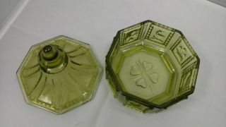 Vtg Green Glass 8 Sided Indiana Glass Covered Candy Dish With Lid Bird Flowers 4