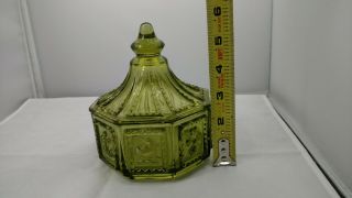 Vtg Green Glass 8 Sided Indiana Glass Covered Candy Dish With Lid Bird Flowers 5