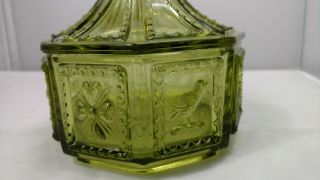 Vtg Green Glass 8 Sided Indiana Glass Covered Candy Dish With Lid Bird Flowers 6