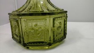 Vtg Green Glass 8 Sided Indiana Glass Covered Candy Dish With Lid Bird Flowers 7
