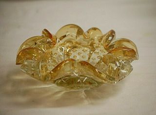 Vintage Decorative Hand Blown Light Yellow Art Glass Bowl W Controlled Bubbles