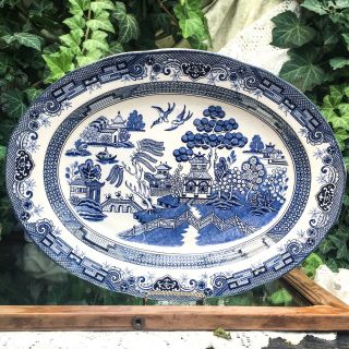 Vintage Blue Willow Ex - Large Oval Serving Platter 18” Heritage Chop Plate