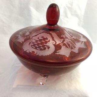 Vintage Bohemian Czech Cranberry Ruby Red Etched Crystal Bowl/candy Dish W/ Lid