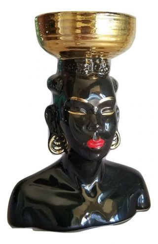 Exotic Black & Gold Nubian Vintage Mid Century Glazed Ceramic Head Vase