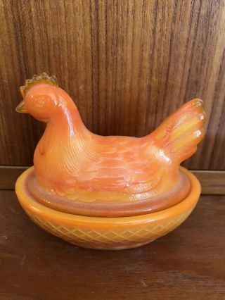 Vintage Boyd Glass Chicken Hen Nest Box Orange Yellow Slag Primitive Kitchen