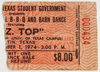 Z.  Z.  Zz Top Ticket Stub September 1,  1974 Memorial Stadium,  Austin Tx