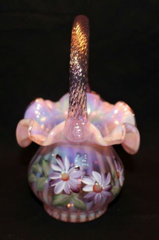 Fenton Hand Painted Daisies Rib Optic Pink Opalescent Basket