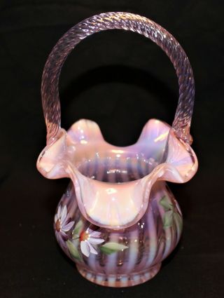 FENTON HAND PAINTED DAISIES RIB OPTIC PINK OPALESCENT BASKET 2