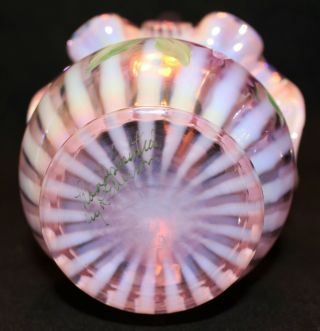 FENTON HAND PAINTED DAISIES RIB OPTIC PINK OPALESCENT BASKET 5