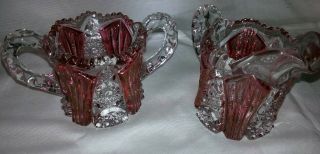 Vintage Ruby Red And Clear Glass Sugar Bowl,  Creamer Cut Glass Set Usa