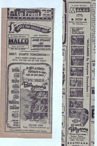 Two 1960 Newspaper Ads For Classic Walt Disney Movie Pollyanna - Hayley Mills