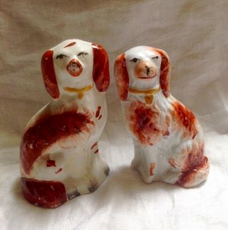 4.  25 " Antique Staffordshire Spaniel Dogs Pair Pottery Hand Decorated Figurines