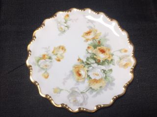 Coronet Limoges Hand Painted Cabinet Plate White & Yellow Roses Gold Trim 8 1/2”