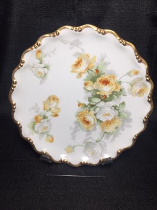 Coronet Limoges Hand Painted Cabinet Plate White & Yellow Roses Gold Trim 8 1/2” 2