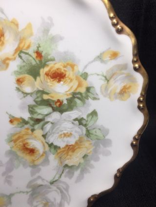 Coronet Limoges Hand Painted Cabinet Plate White & Yellow Roses Gold Trim 8 1/2” 3