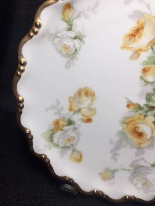 Coronet Limoges Hand Painted Cabinet Plate White & Yellow Roses Gold Trim 8 1/2” 5