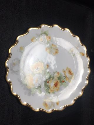 Coronet Limoges Hand Painted Cabinet Plate White & Yellow Roses Gold Trim 8 1/2” 7