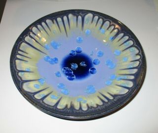 Crystalline Studio Art Pottery 8 - 1/2 " Wide Bowl,  Blues & Gold.  Signed Melstrom