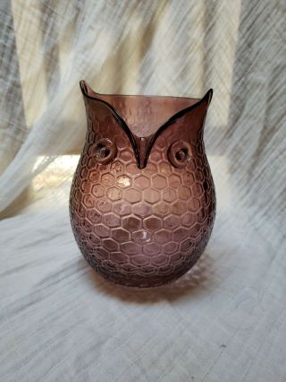 Vintage Honeycomb Blenko Glass Owl Amethyst Purple 8 " Vase Figure Collectible
