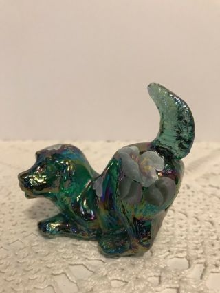 Fenton Green Blue Carnival Glass Puppy Dog Figurine Hand Painted Signed